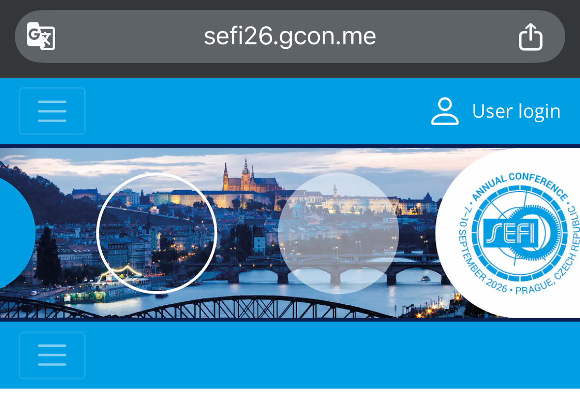 SEFI 2026 homepage showing the User login button in the top-right corner