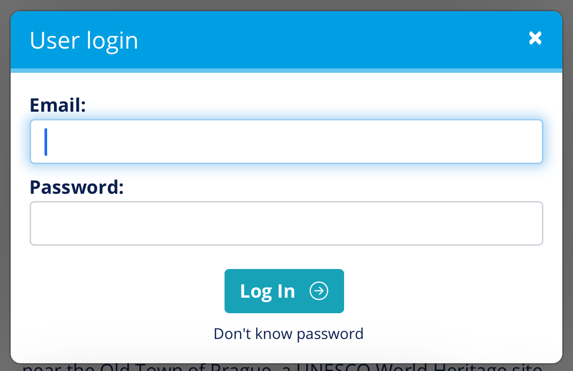 User login popup with the email field and the Don't know password link